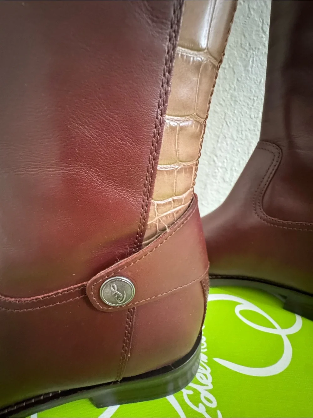 NIB Sam Edelman Sz 6 Mikala Terazzo Brown Leather Block Heel Riding Knee Boots